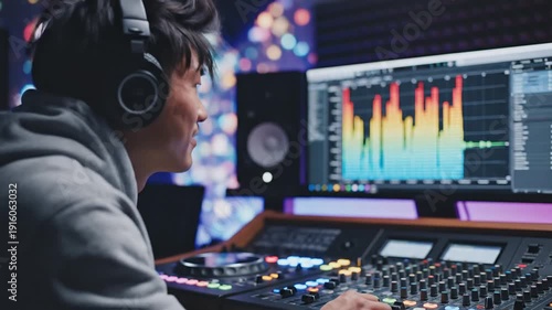 Young man working on audio software.