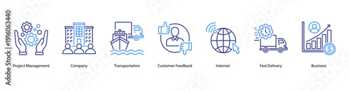 Company and Business Operation web banner featuring Project Management, Company, Transportation, Customer Feedback, Internet, Fast Delivery, and Business.