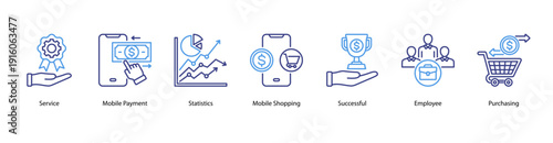 Service and Business Success web banner featuring Service, Mobile Payment, Statistics, Mobile Shopping, Successful, Employee, and Purchasing.