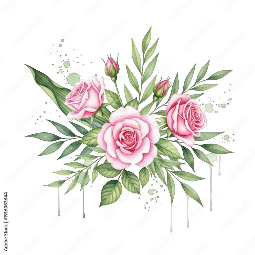 Fototapeta premium Beautiful pink roses bouquet with green leaves isolated on transparent background