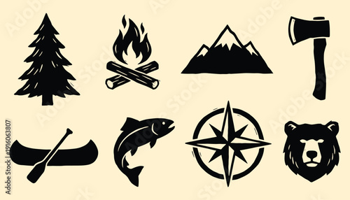 Rustic Woodcut Style Outdoor Adventure Icon Set