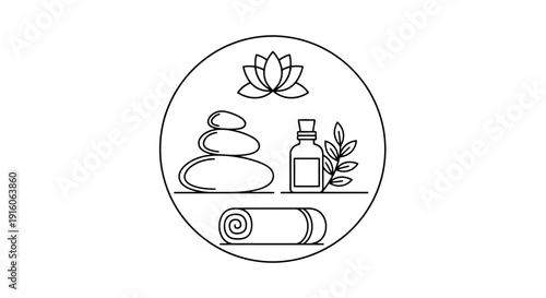 Spa and wellness icon with stones lotus flower and oil bottle.