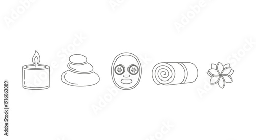 Spa and wellness icons including candle stones face mask towel and flower.