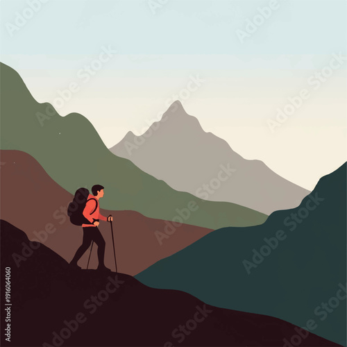 A determined hiker navigates a picturesque mountain trail, embodying the spirit of outdoor adventure and the profound beauty of natural landscapes under a vast, open sky