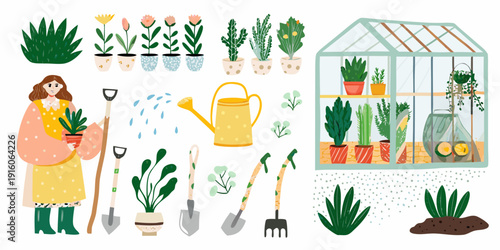 A colorful illustration of gardening tools plants and a greenhouse scene