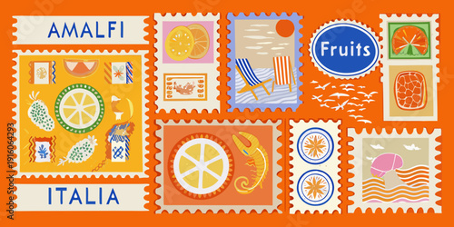 Colorful amalfi italy postage stamps with fruits crabs and beach scenes