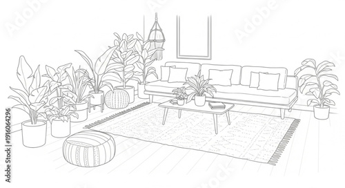 Sketch of a patio with potted plants and outdoor furniture.