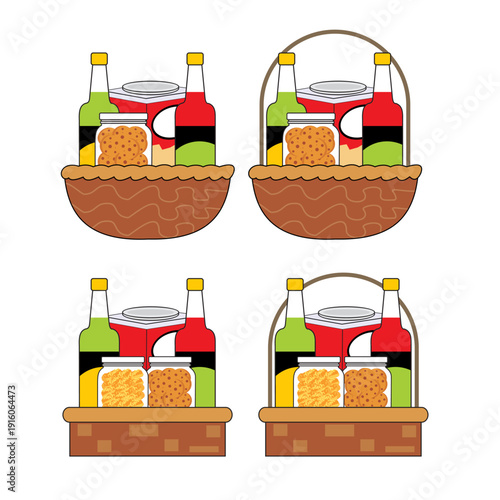 Food Gift Basket and Picnic Hamper Set With Bottles, Jars and Snacks Illustration. Ied Mubarak Hampers