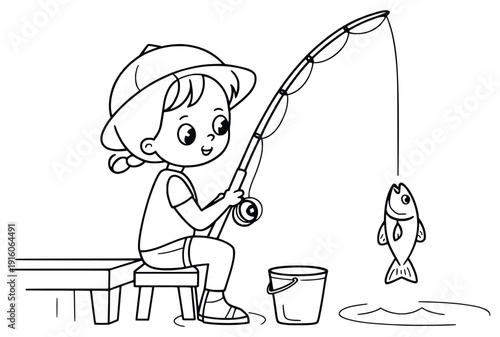 Fishing Fun: A cheerful cartoon depicts a girl engrossed in fishing, demonstrating a love for leisure and the enjoyment of outdoor activities.