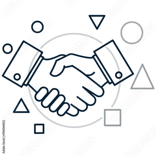 Modern line art icon representing a handshake, symbolizing a successful business partnership, mutual agreement, professional collaboration, and trust in corporate dealings