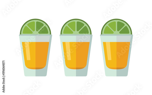 A vector graphic illustration of three glasses of orange juice with lime wedges on a white background