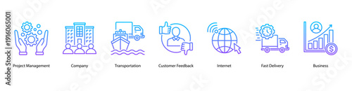 Company and Business Operation web banner featuring Project Management, Company, Transportation, Customer Feedback, Internet, Fast Delivery, and Business.