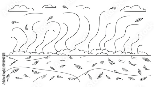 The Breeze: A whimsical black-and-white illustration of the wind's playful dance, with leaves swirling against a backdrop of clouds and sky.