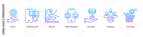 Service and Business Success web banner featuring Service, Mobile Payment, Statistics, Mobile Shopping, Successful, Employee, and Purchasing.