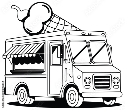 Ice Cream Truck: A classic ice cream truck, complete with awning and serving window, cheerfully awaits customers, with a delicious ice cream cone perched atop its roof.