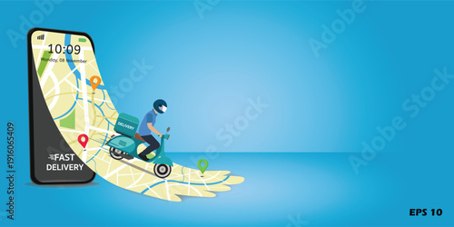 Fast Delivery Service Concept. Vector Illustration of a Courier on a Blue Scooter Emerging from a Smartphone Screen with a City Map and GPS Pins on Blue
