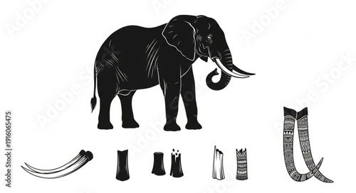 Silhouette of an African elephant with tusks and legs.