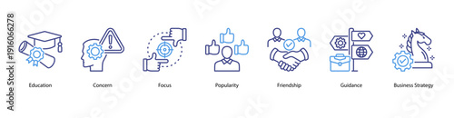 Social and Strategic Values web banner featuring Education, Concern, Focus, Popularity, Friendship, Guidance, and Business Strategy.