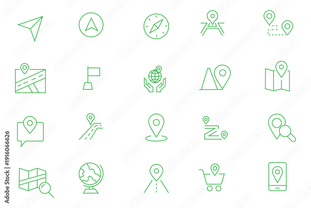 Fototapeta premium A sleek set of navigation icons in minimalist line style with editable strokes, designed for seamless integration into maps, mobile apps, dashboards, and location-based interfaces.