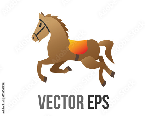 Stylized brown horse with orange saddle running in profile