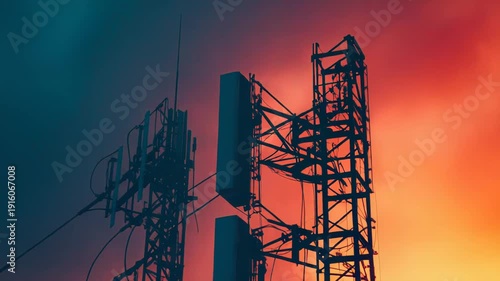 Cell tower with numerous antennas and transmitters creating a strong 5g mobile network signal against a vibrant red and orange evening sky, connecting people globally