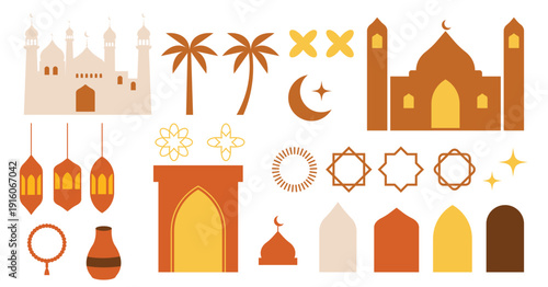 Set of Islamic icons in oriental style, elements for Ramadan Kareem and Eid Mubarak