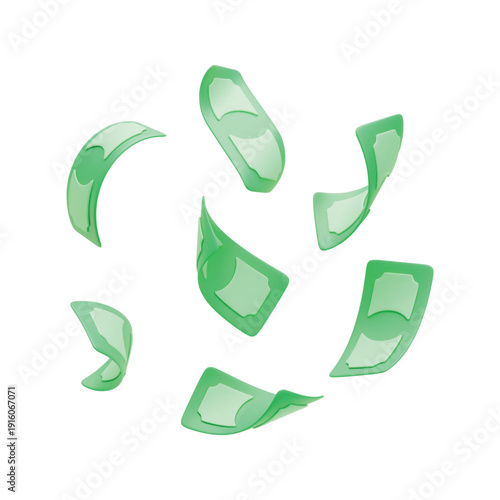 3D falling banknotes. Realistic twisted paper currency flying around. Financial success, money management concept. Green vector dollar sign of earning, salary and wage. Paper money cash payment icon