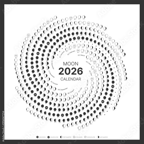 Lunar Hemisphere Spiral calendar for the year of 2026. Astronomy dairy. Astrology moon card, poster, banner. Moon circle calendar. Vector illustration. The Moon calendar isolated on white background.