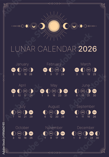 Lunar map for 2026. Astrological calendar banner, poster, card, lunar chart. Moon Phase Calendar. Lunar calendar isolated on dark blue background. Vector illustration of lunar calendar.