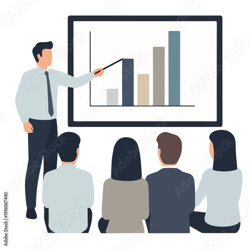 Professional business presentation showing a speaker explaining data and market trends on a chart to an attentive audience during a corporate meeting