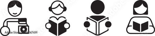 People icons person with camera reading books and person with headphones
