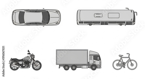 Collection of diverse vehicles seen from above and side view.