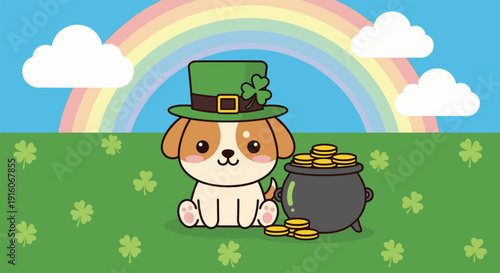 Cute dog with pot of gold and rainbow for St Patrick's Day vector