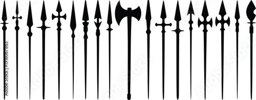 Assortment of medieval weapons including spears axe and halberds for historical design elements military collection ancient arms