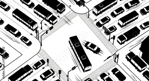 Aerial view of busy city intersection with traffic congestion.