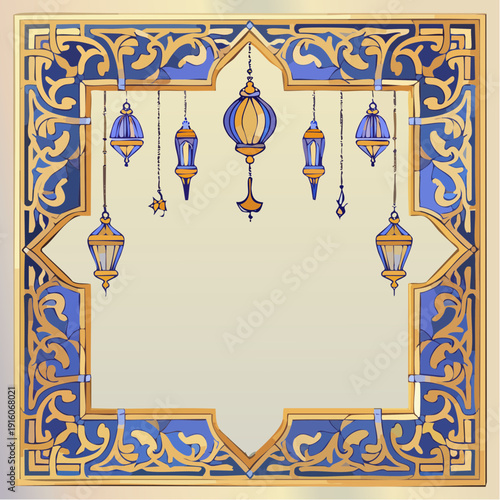 Elegant festive frame with ornate golden and blue Islamic arabesque patterns, adorned with hanging lamps, perfect for a cultural celebration or religious event greeting card design