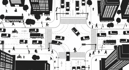 Aerial view of a busy city intersection with cars and pedestrians.