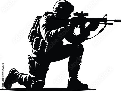 Soldier aiming assault rifle in silhouette, tactical gear, kneeling pose, ready for action, military conflict, combat ready, focused on target