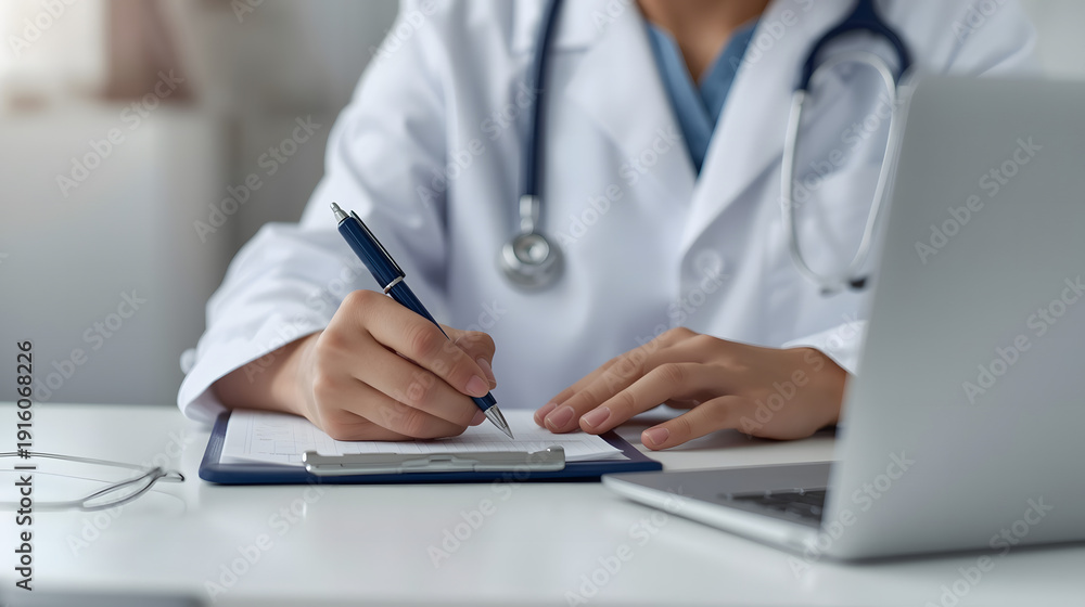 Fototapeta premium A medical professional is writing notes on a notepad while using a laptop.