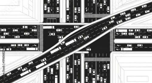 Aerial View of Busy Highway Interchange with Traffic Flow.