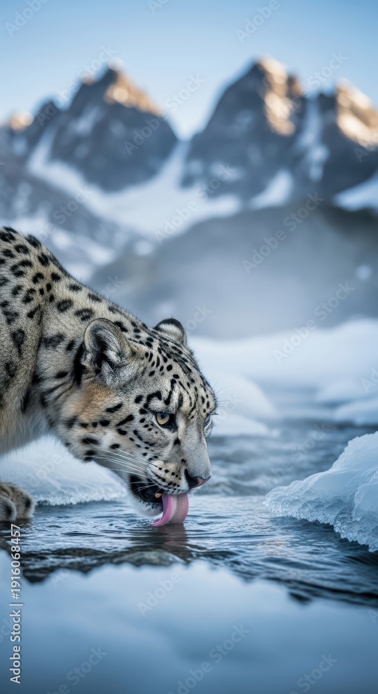 Fototapeta premium Snow leopard drinking from icy stream in majestic mountain habitat during winter