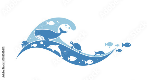 Oceanic wave with marine life swimming together in harmony