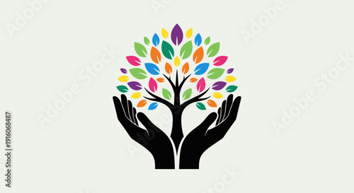 Colorful Tree in Hands Illustration – Growth Support Nature Care Concept