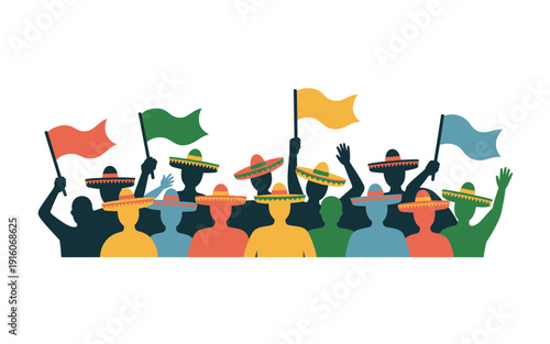 A vibrant illustration of a crowd of people waving flags and wearing sombreros in a festive atmosphere