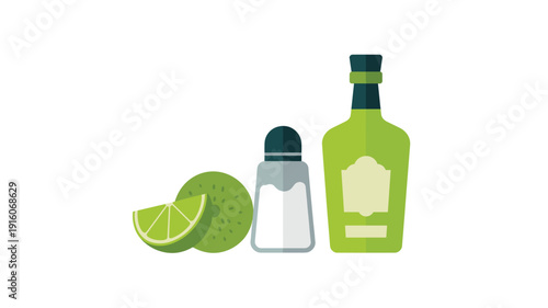 A vector graphic illustration of a bottle of tequila with lime wedges and a salt shaker