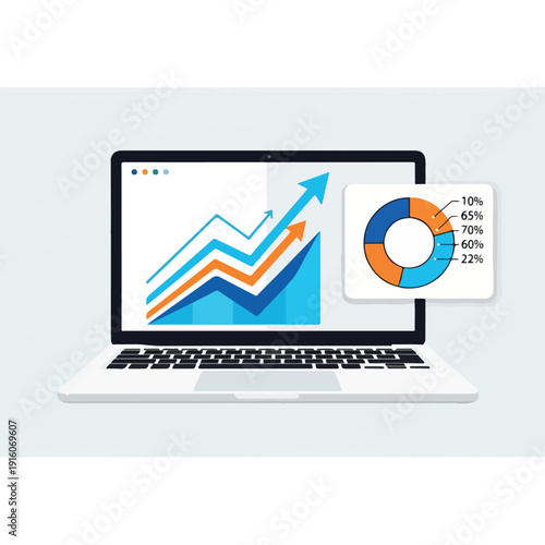 Dynamic Business Data Visualization and Financial Growth Analysis on Laptop Displaying Upward Trending Line Graph and Segmented Pie Chart for Strategic Planning
