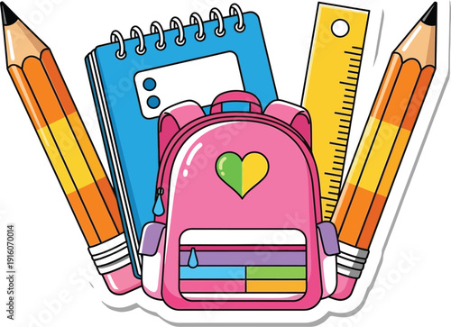 Pink school bag surrounded by stationery items and colorful accessories for kids