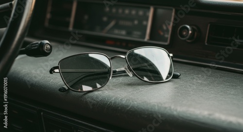 Dark Green Sunglasses on Vintage Car Dashboard