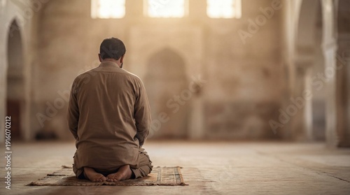 A Muslim man praying on a rug inside a mosque, bathed in warm sunlight filtering through the windows.