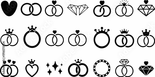 Collection of black silhouettes depicting various love and commitment symbols